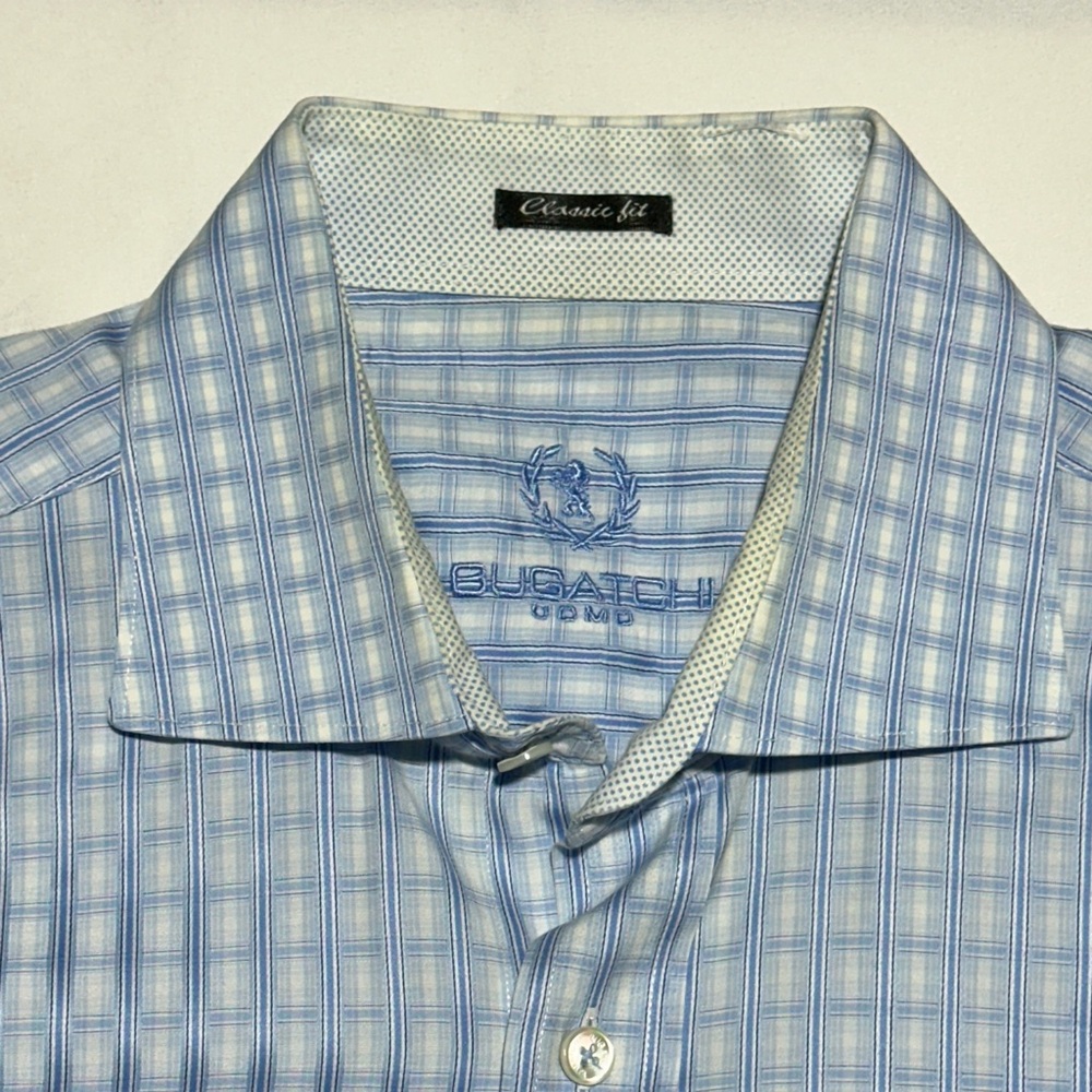Bugatchi Light Blue Plaid Button Down Large Shirt - image 5